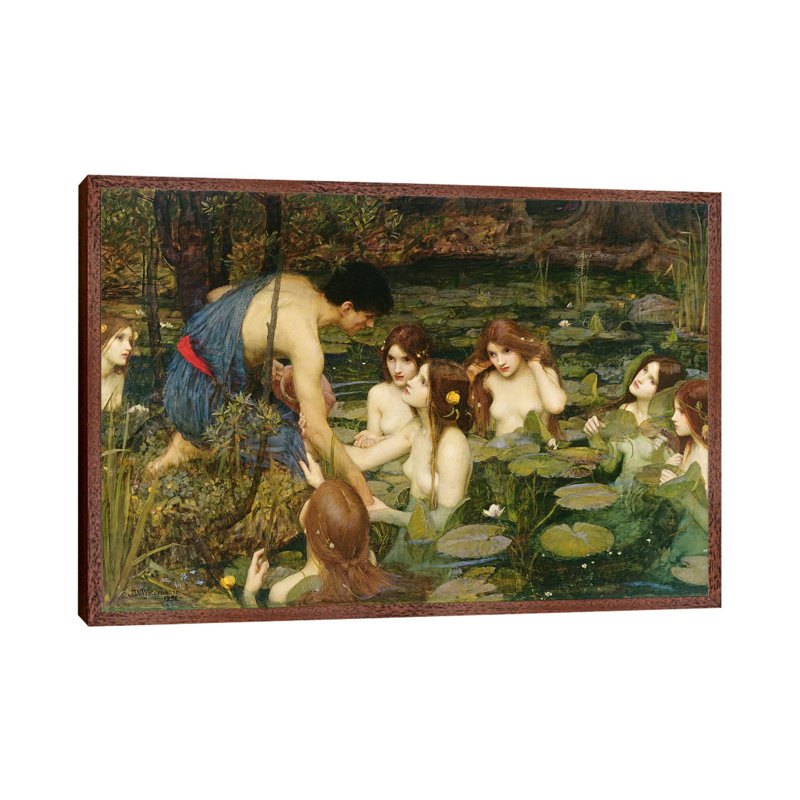 Hylas And The Nymphs, 1896 by John William Waterhouse - Painting on Canvas, Classic Brown Wood Framed