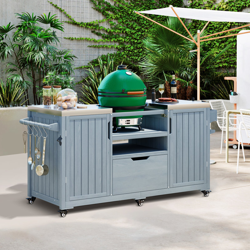 Îlot de cuisine extérieur, chariot de barbecue en bois massif pour barbecue de table avec plateau en acier inoxydable