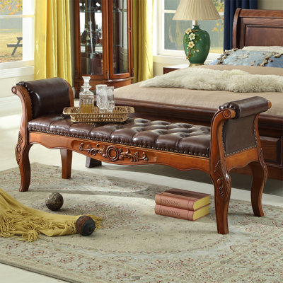 Retro Style Wood Bedroom and Entryway Leather Long Bench