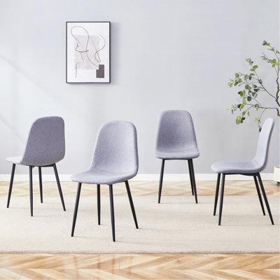 Luxury Simple Chair - Set Of 4 Light Gray Linen-Cotton Material High Resilience Dining Chair With Metal Black Leg.Integral Metal Leg Architecture,Suitable For Various Interior Decoration Styles