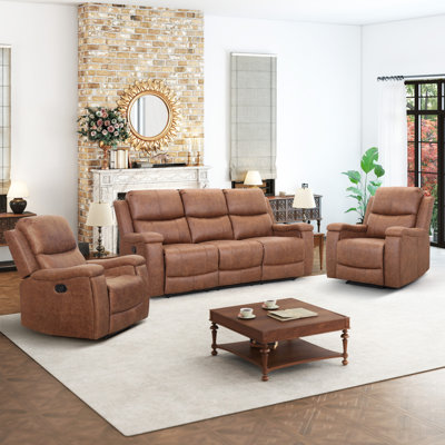 Ensemble de fauteuils inclinables manuels 3 pièces avec deux fauteuils et un canapé 3 places, porte-gobelets
