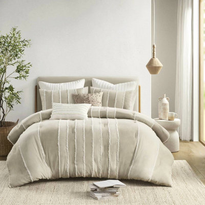 3 pièces d'édredon rayé taupe - très grand / très grand rembourrage 100% coton à rayures alternées Lavable à la machine Aspect élégant Magnifique