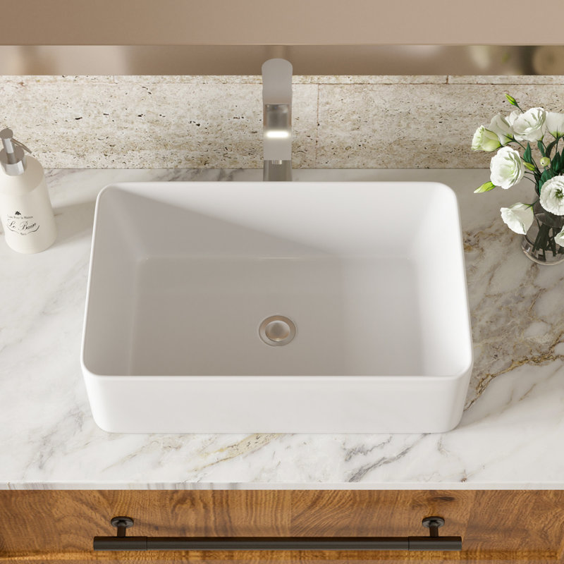 White Ceramic Bathroom Vessel Sink 21"X14" - Modern Design With 1 3/4" Center Drain Hole And Easy Maintenance Sleek Quality Construction Elegant Generous Appearance Acid Resistance Stain Smooth