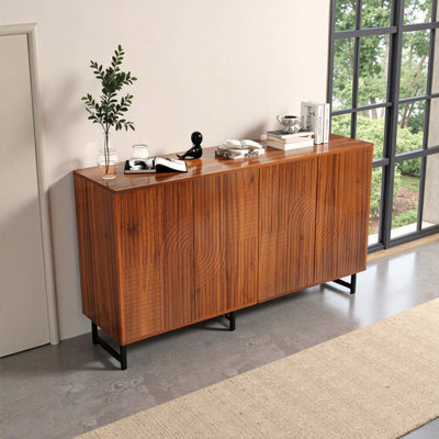 Mid-Century Modern Walnut Finish Buffet Cabinet, 59"L Geometric Carved Storage with Metal Legs for Living Room, Dining Room & Entryway