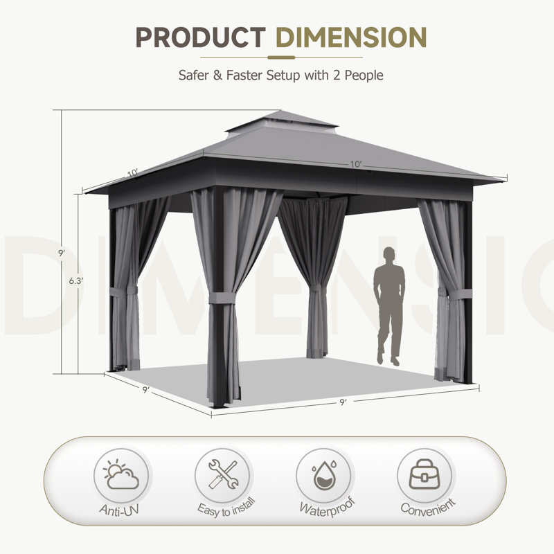 10 Ft. W x 10 Ft. D Soft Top Steel Patio Gazebo with 2-Tier Canopy and Zippered Mesh Netting for Outdoor, Patio, Garden, and Backyard Activities