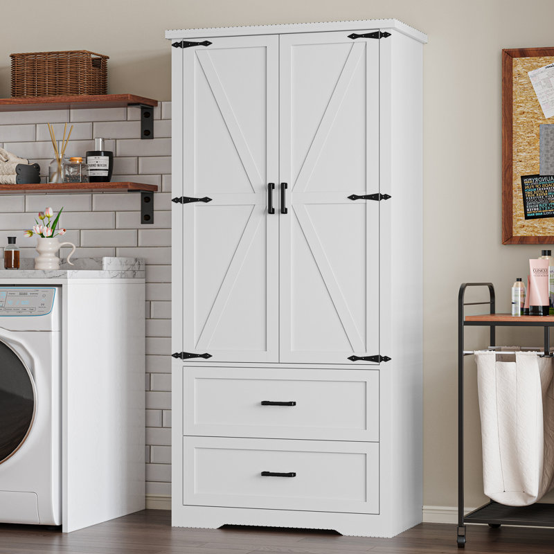 Garde-manger 71 "avec porte de grange avec tiroirs et tablettes réglables pour la cuisine, Blanc
