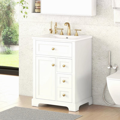 Meuble-lavabo blanc de 24 po avec lavabo, panneau de fibres à densité moyenne et fabrication en bois de pin, 3 tiroirs et armoire avec support de rangement à 2 niveaux, porte et tiroirs à fermeture en douceur, conception moderne pour les petites et moyennes salles de bain