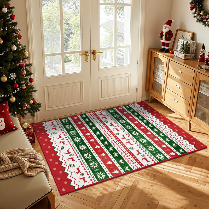 Tapis lavable à la machine Christmas Party - rouge / blanc / vert, Rectangulaire 3 pi x 5 pi