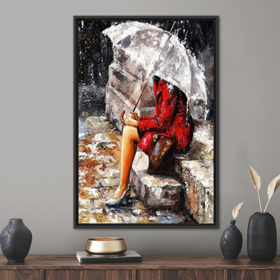 Abstract Rainy Day Art - Modern Canvas Print of Woman with Umbrella in the Rain