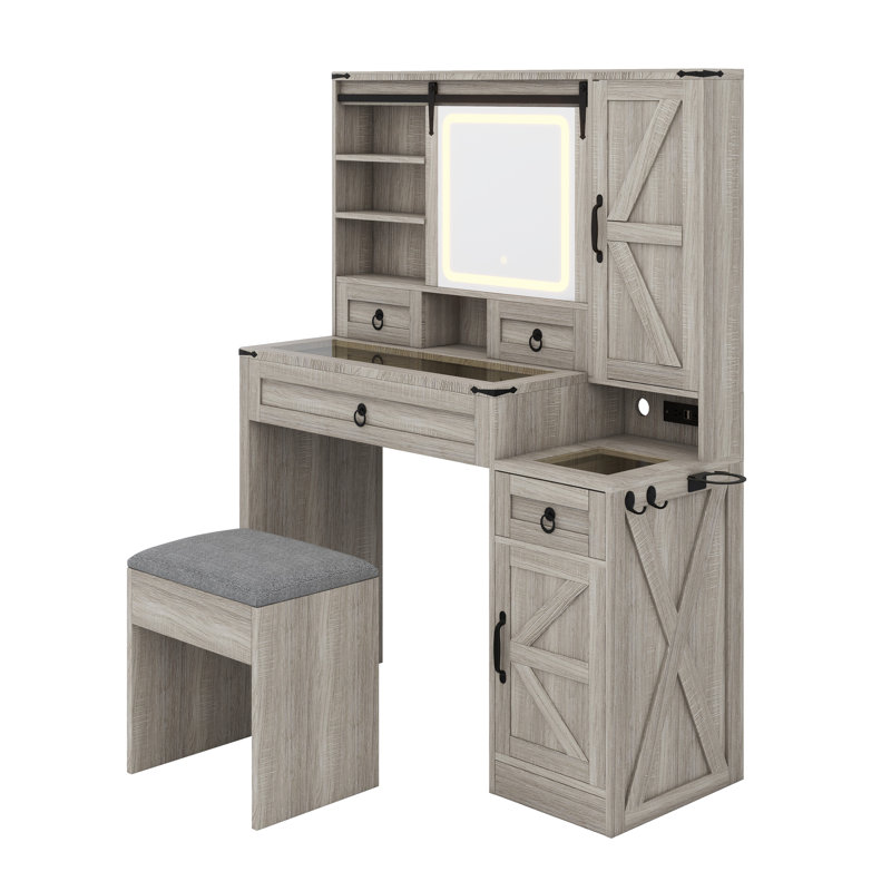 Complete Vanity Set with Glass Top, Storage Drawers, Cabinets, and Matching Stool, Gray