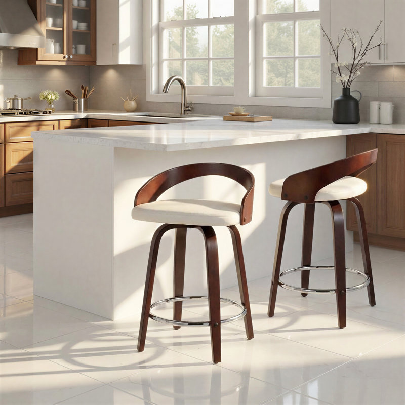 Laurenzio Fixed-Height Bar & Counter Stools with Bent Wood Legs & Round Footrest (Set of 2), White Faux Leather