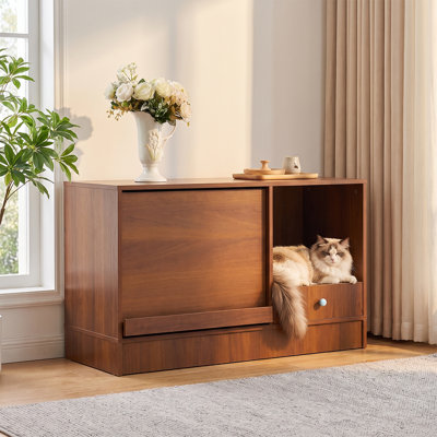 Mobilier moderne en bois pour bac à litière, style maison pour chat, avec porte coulissante et tiroir de rangement, noyer, 100 cm de large.
