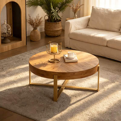 Round Solid Cedar Wood Coffee Table, 32" with Gold Metal Frame