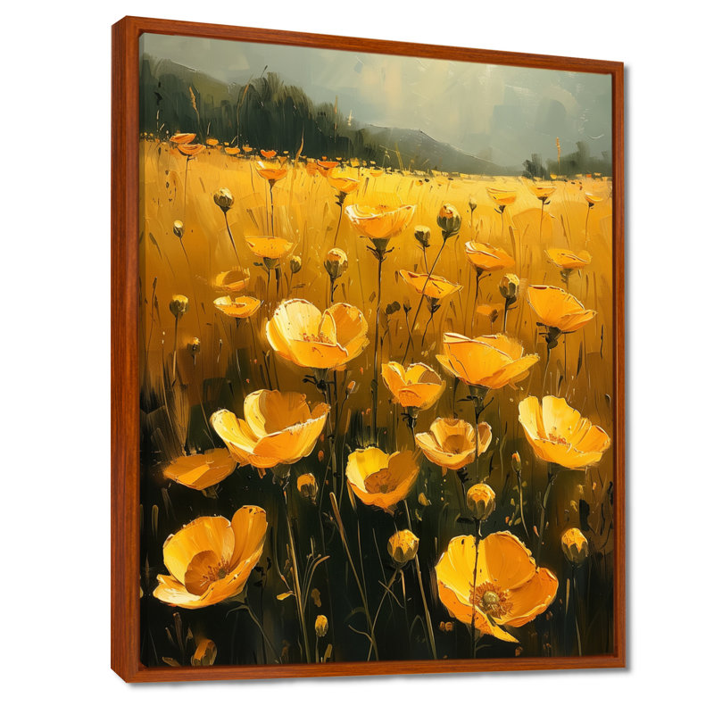 Or jaune jaune vert Sunlit Meadow VI - Buttercups, art mural, Toile avec cadre flottant brun, H 40 po x l 30 po x P 1,5 po