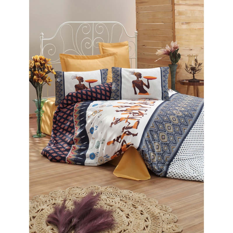 Stephanie Dark Blue White Yellow Brown Reinforced Cotton 142 TC Duvet Cover Set, Double - 2 Pillowcases (80 x 80 cm)