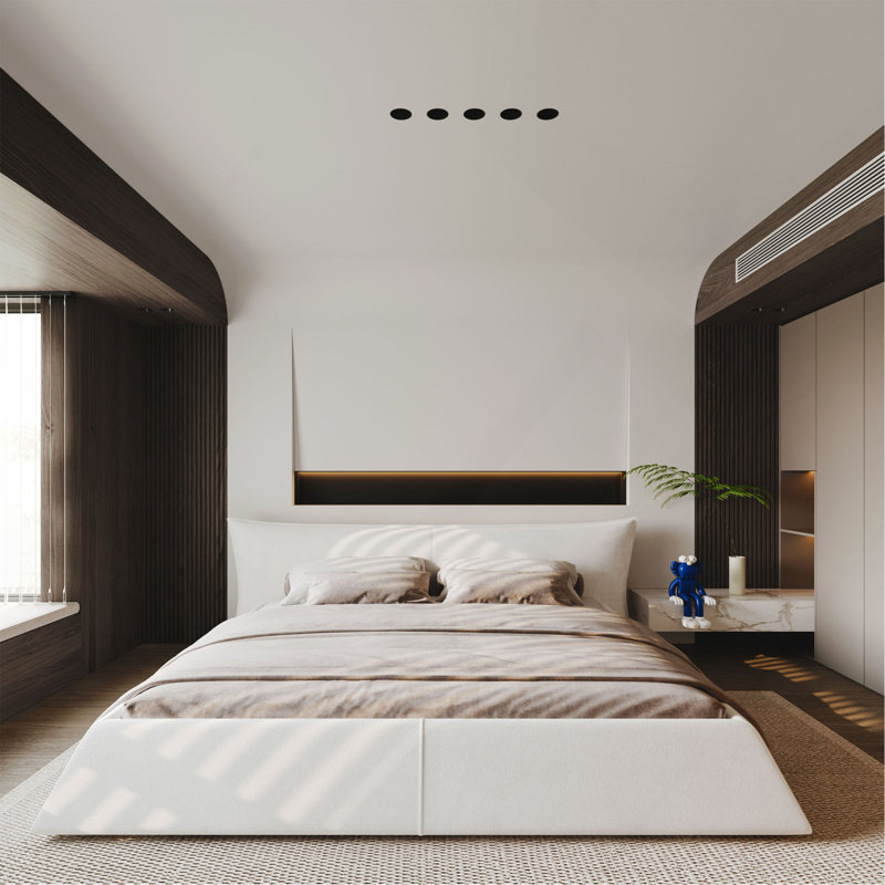 Lit plateforme tapissier avec tête de lit en velours de forme spéciale, structure en métal et bois massif, Beige / Blanc