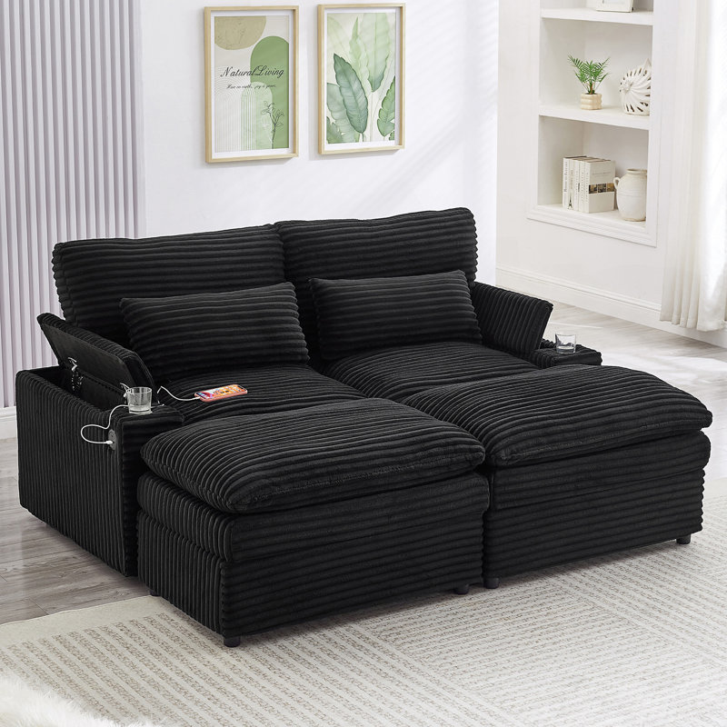 Canapé modulaire avec ports USB et deux repose-pieds mobiles pour des espaces de vie flexibles., Velours côtelé noir