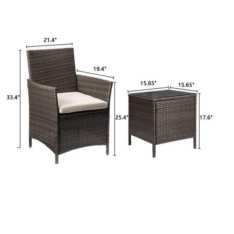Ensemble de conversation en rotin 3 pièces avec coussins Elkview, Beige, Brun