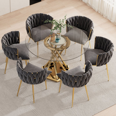 Ensemble de table de salle à manger de 47,2 po en verre trempé pour 6 personnes, table de cuisine moderne avec pieds en acier doré, 6 chaises de salle à manger rembourrées en velours avec cadres en métal, ensemble de salle à manger peu encombrant pour maison et appartement