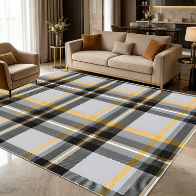 1PC Yellow Black Grey Plaid Tartan area rugs for Living Room, Soft and Comfortable, Suitable for all seasons, easy-to-maintain, machine washable Indoor floor mat, Under Table Farmhouse suitable for dining room, bedroom, kitchen, entryway,
