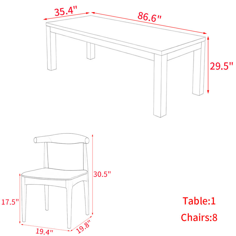 Modern simple solid wood dining table set., 29.5"H x 86.6"L x 35.4"W