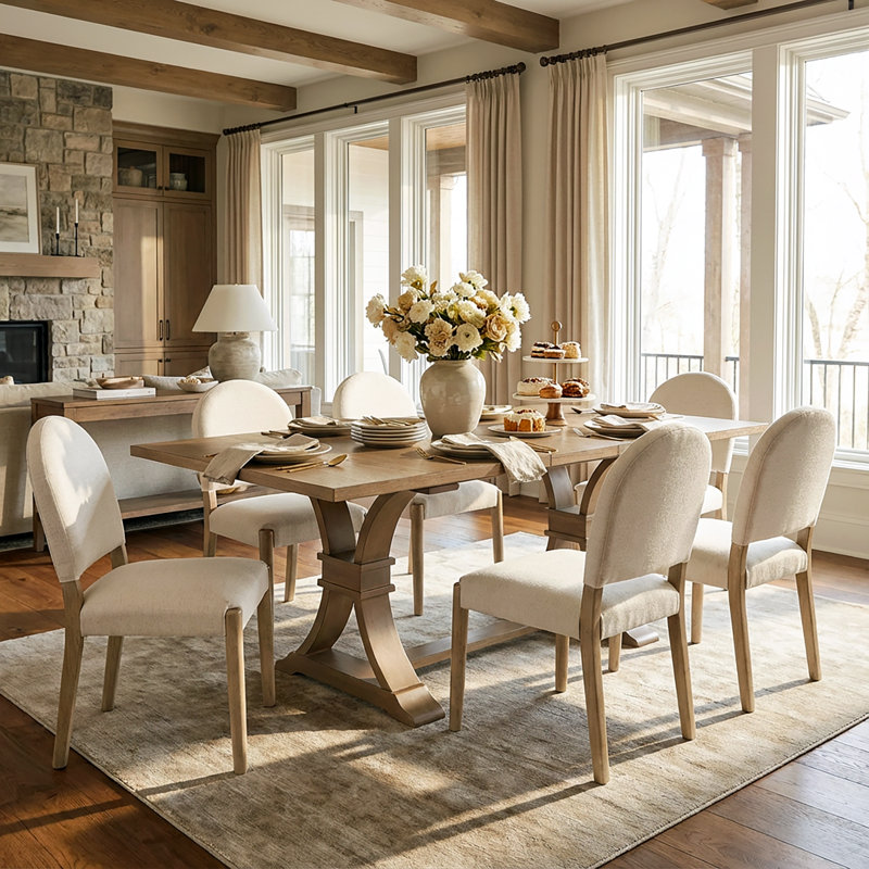 Levi 7-Piece Extendable Pedestal Rubberwood Dining Table Set With Upholstered Chairs, Light Ash