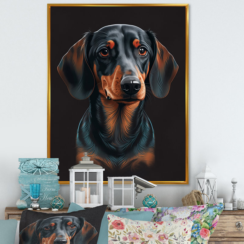 Portrait de teckel noir et brun - Reproduction d'art de chien teckel, H 32 po x l 16 po x P 1 po