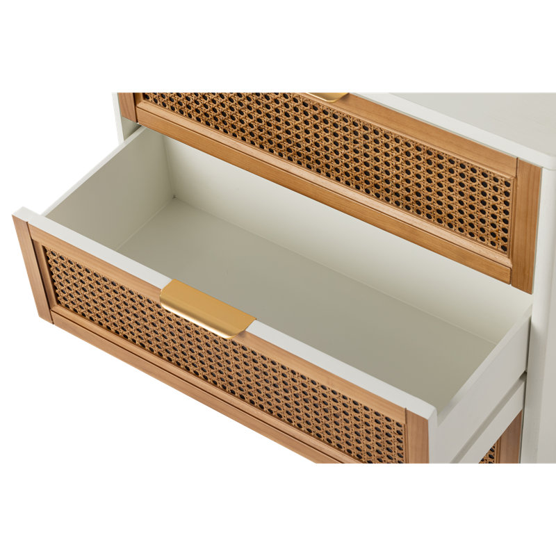 Aril 3-Drawer Woven Cane Front Accent Chest, Mid Century Modern 3 Drawers Nightstand, White