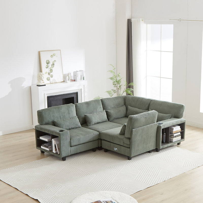 Canapé modulaire convertible en 5 avec accoudoirs et porte-gobelet en L pour salon, chambre à coucher, salon, espace de projection et espace moderne