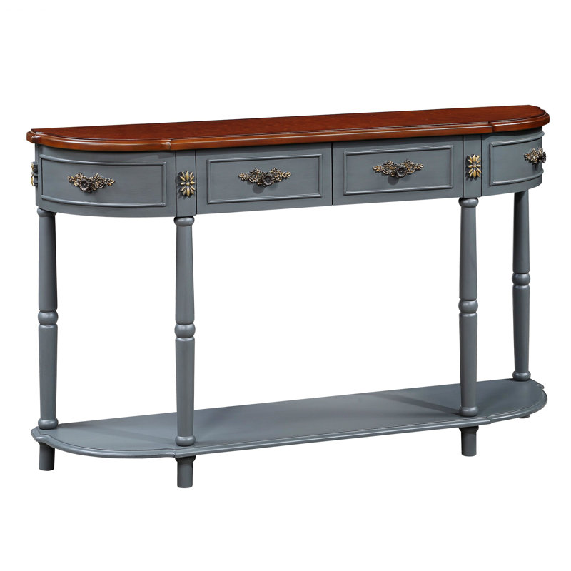 Retro Curved Wood Console Table, Half Moon Table With Open Shelf And 2 Drawers, Antique Gray