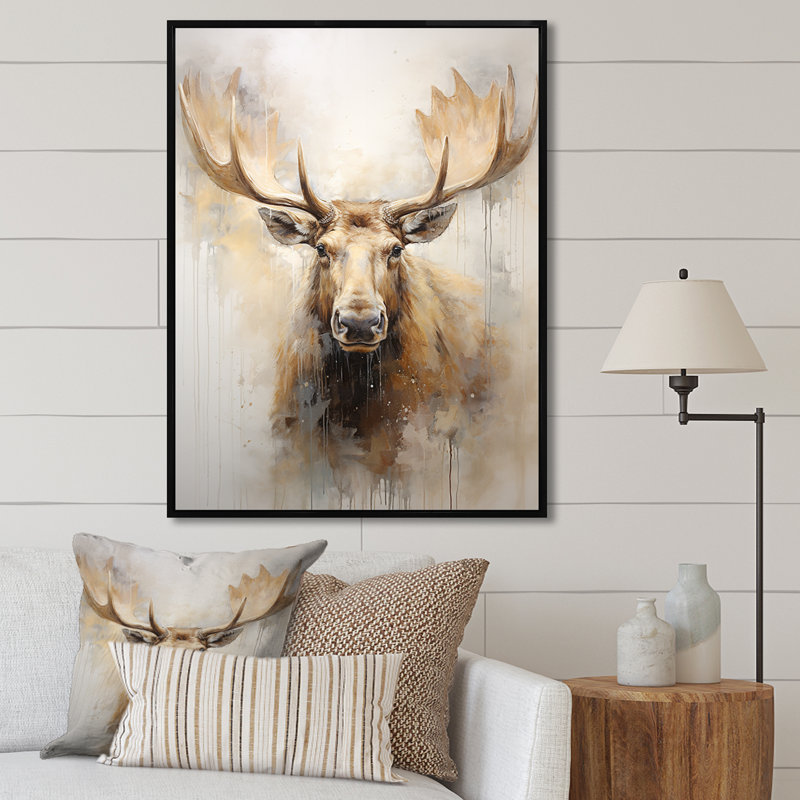 Portrait d'un orignal beige et doré - impressions sur toile, H 44 po x l 34 po x P 1,5 po, Cadre flottant noir