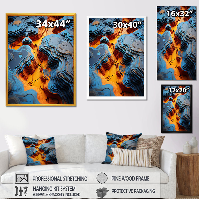 «Blue and Range River of Quartz - Stone Geode», art mural, Cadre simple noir, H 32 po x l 24 po x P 1 po