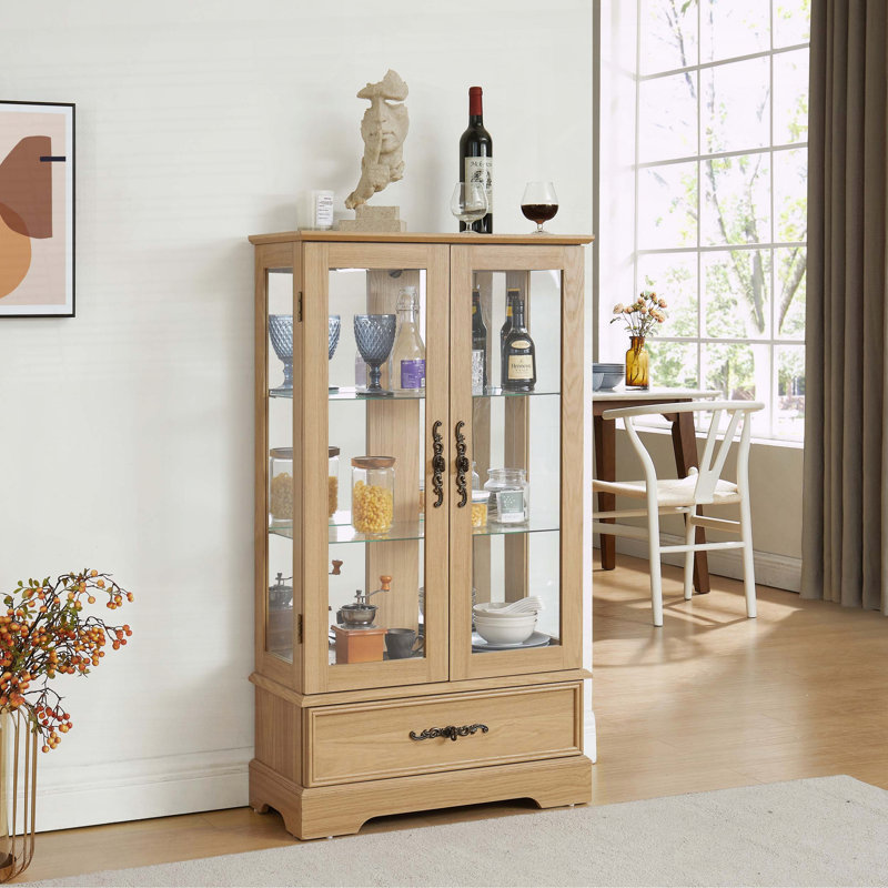 Vitrine lumineuse en verre avec tiroir et tablettes réglables, Chêne clair