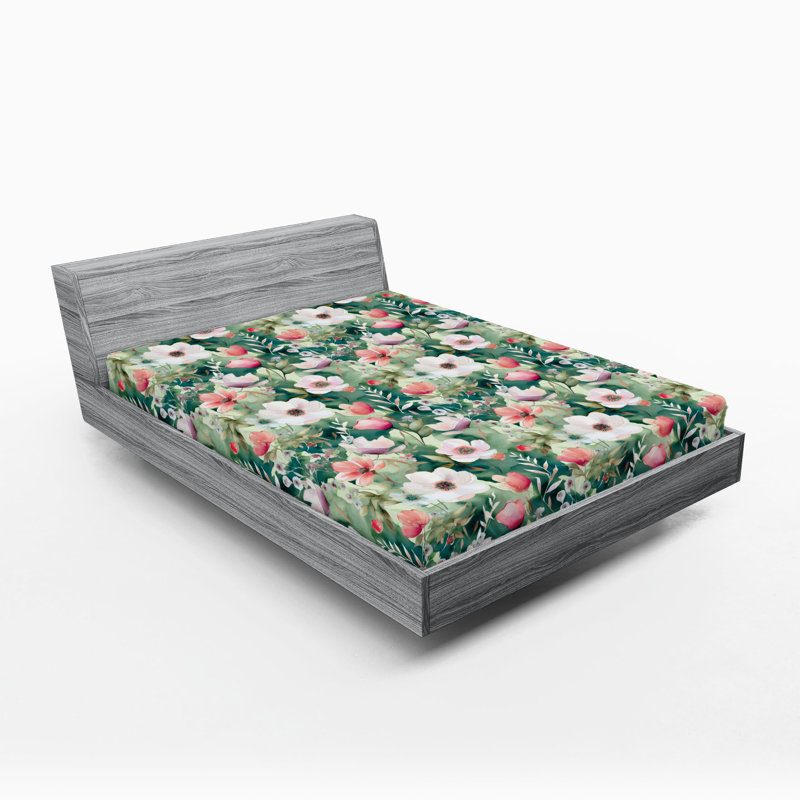 Drap-housse Ambesonne, Bleu sarcelle / corail / motif floral vert pâle, Drap-housse de taille double