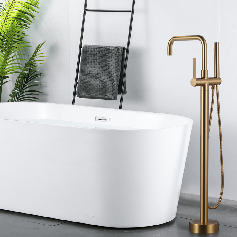 Single-Handle Freestanding Tub Faucet Floor Mount Bathtub Filler with Hand Shower, Gold