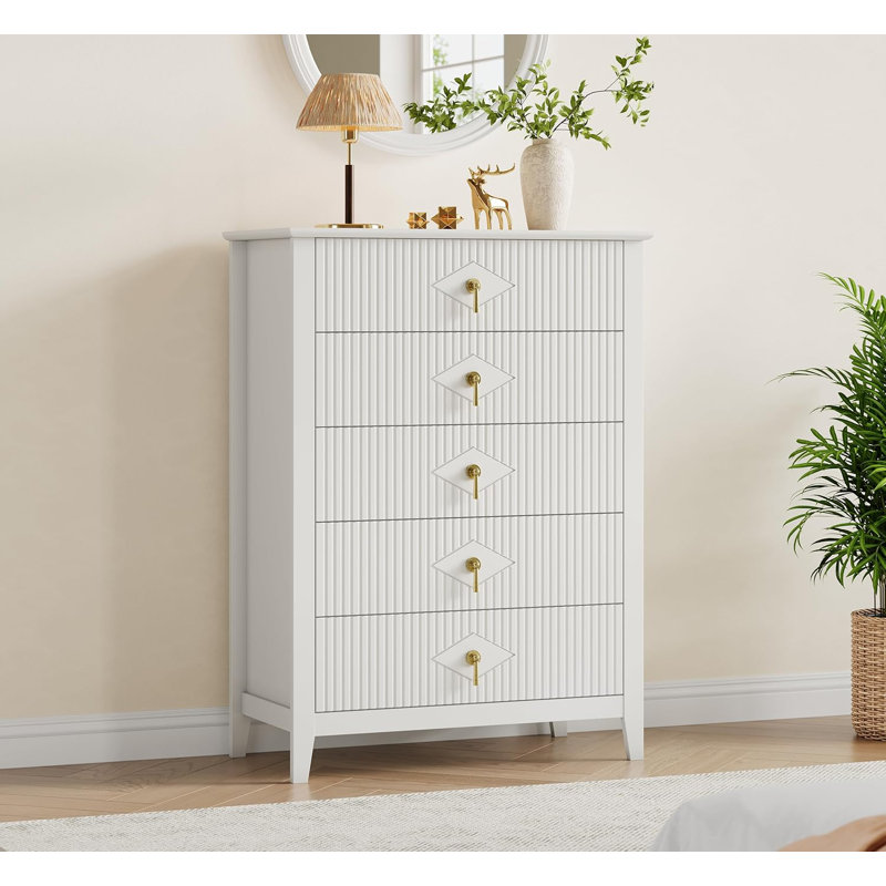 Fluted Dresser for Bedroom 42.9" Tall, 5-Drawer Wood Dresser for Bedroom, Modern Chest of Drawers, Storage Organizer Cabinet for Living Room, Hallway, Entryway