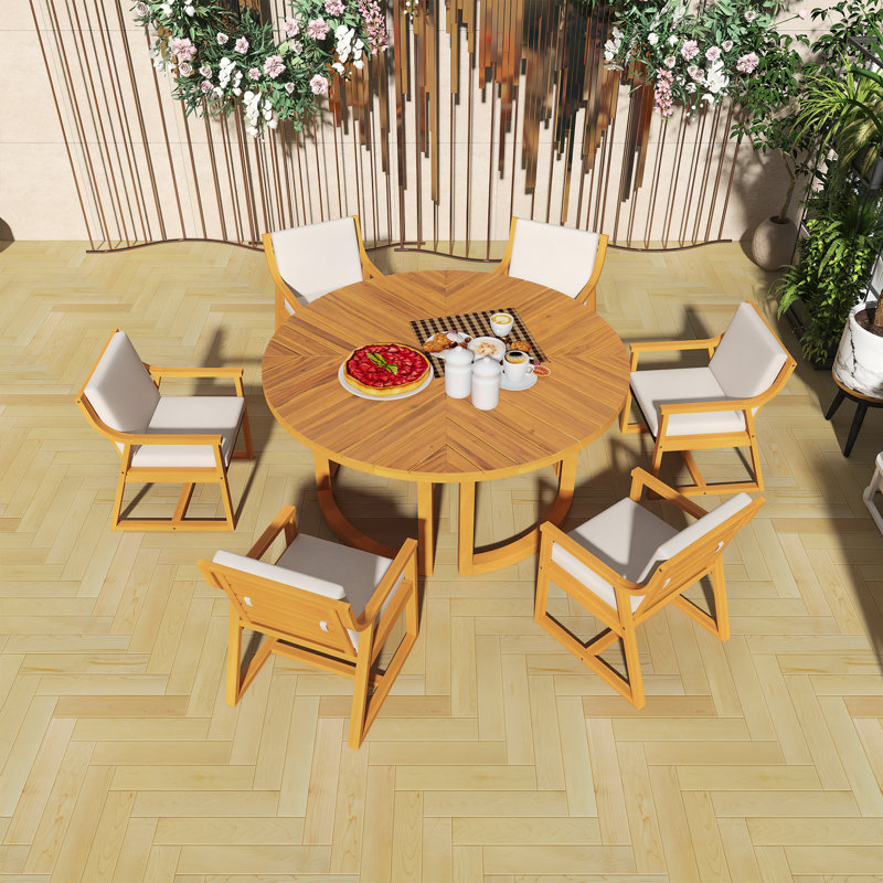 Ensemble de salle à manger 7 pièces pour l'extérieur, table en bois massif avec 6 chaises rembourrées, style rustique avec trou pour parasol, convient aux jardins et aux patios