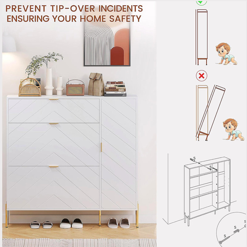 Armoire de rangement pour chaussures avec tiroirs et tablettes rabattables, Blanc