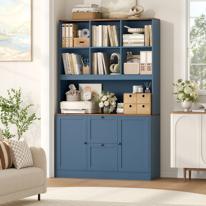 72"H Wood Storage Bookcase With File Drawers, Brown/Blue