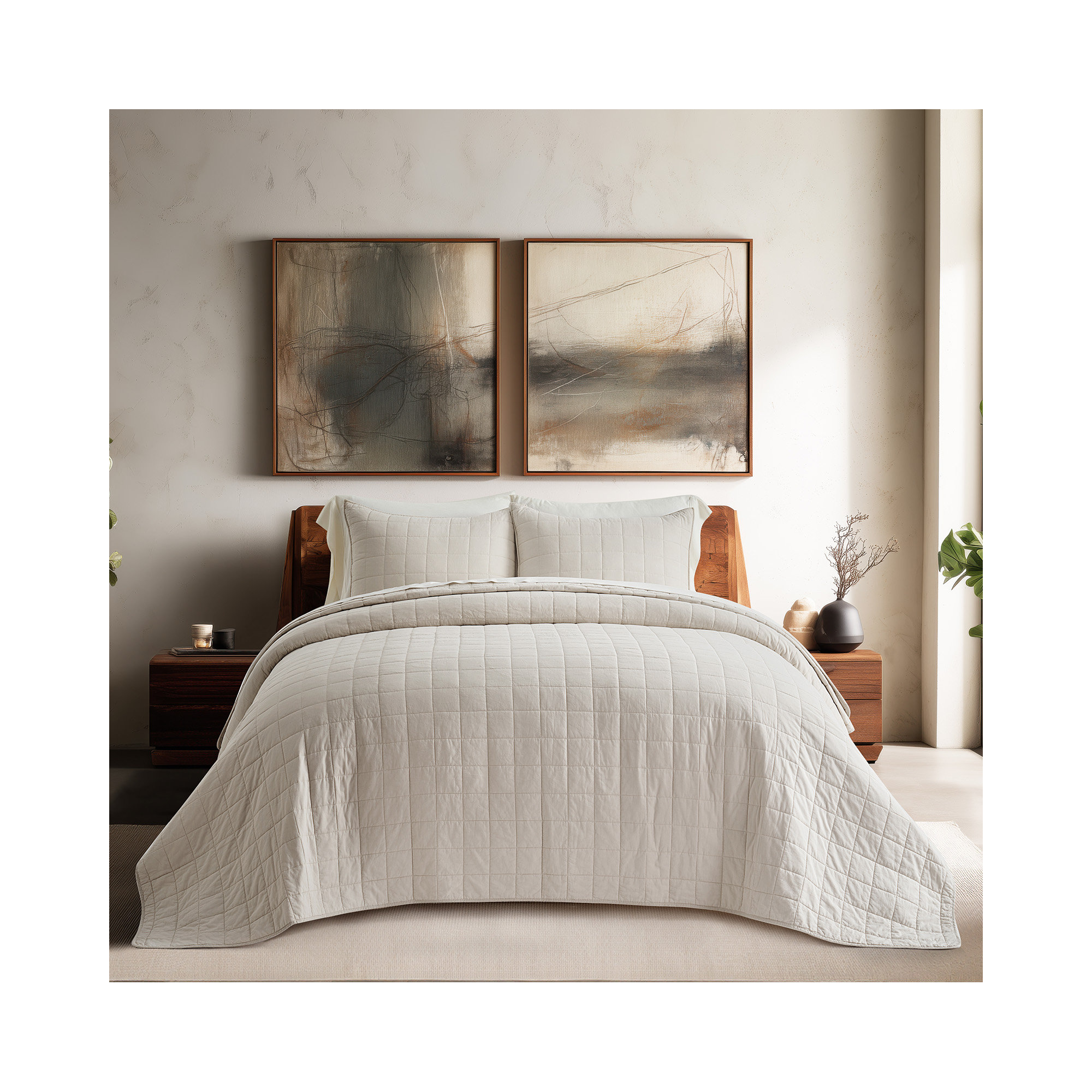 100% Cotton Box Stitch Quilt Set, Birch, King Quilt + 2 King Shams