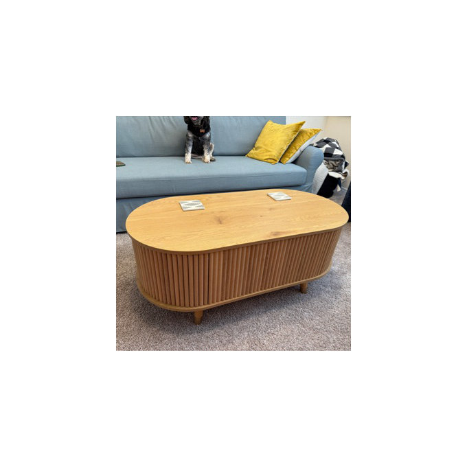 42.5" Oval Lift-Top Coffee Table, Fluted Center Table with Hidden Storage Compartment & Solid Wood Legs, Mid-Century Modern Coffee Table for Living Room, Walnut - Walnut