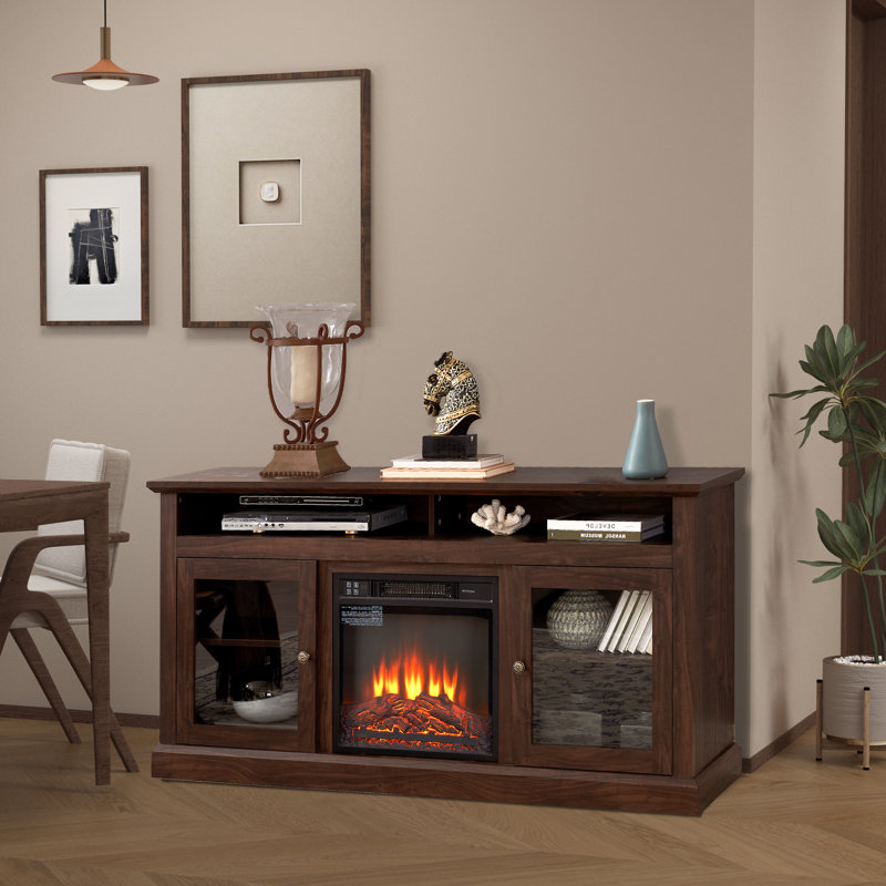 Meuble télé contemporain Lark Manor ™, console de divertissement moderne avec foyer électrique encastré, Gris pierre