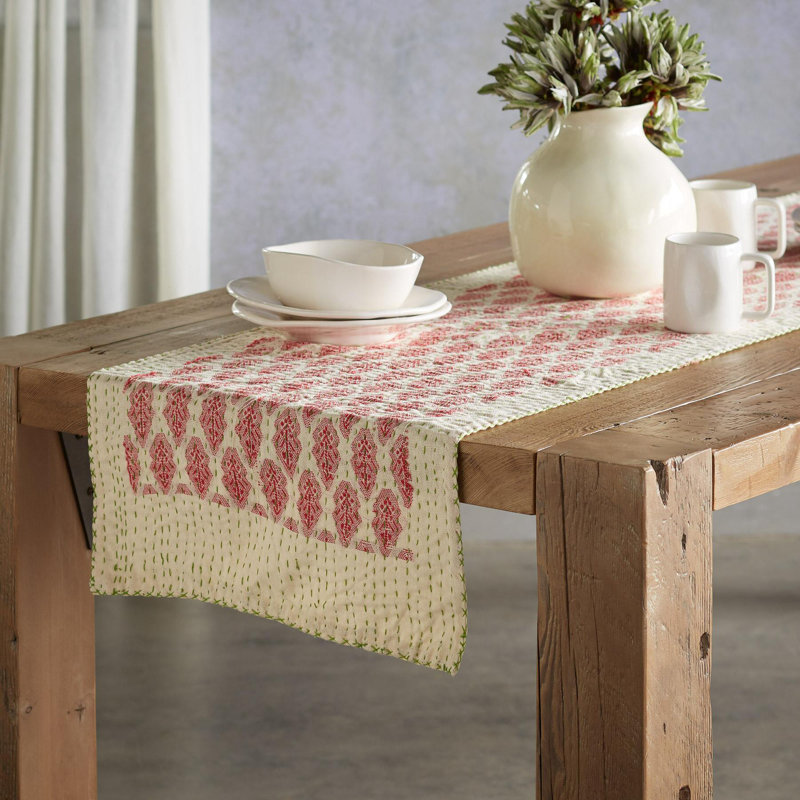 Handcrafted Red and Beige Cotton Table Runner