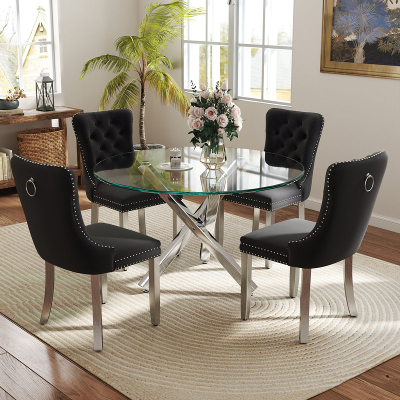 5-Piece Round Glass Dining Table Set, 29.5"H x 39"L x 39"W, Silver, Black/Silver