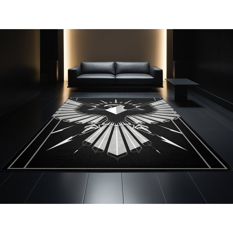Tapis moelleux moelleux de style art déco Ahmad Thunderbird en gris - reliure noire, 2 x 5