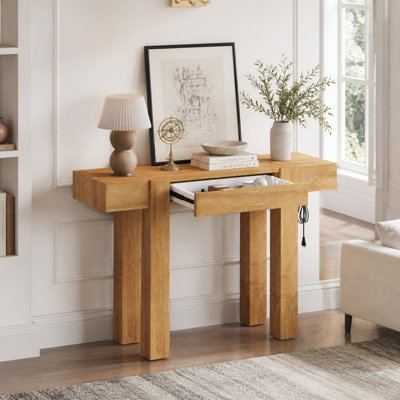 Rustic Minimalist Solid Wood Console Table with Hidden Storage Drawer and Integrated Charging Station