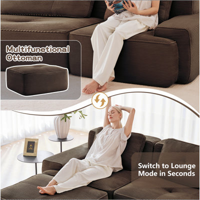 Canapé modulaire en L de 82 po pour salon modulaire en tissu de velours côtelé de 82 po avec siège profond et repose-pieds mobile, passepoil perlé, conception sans assemblage, conception antidérapante