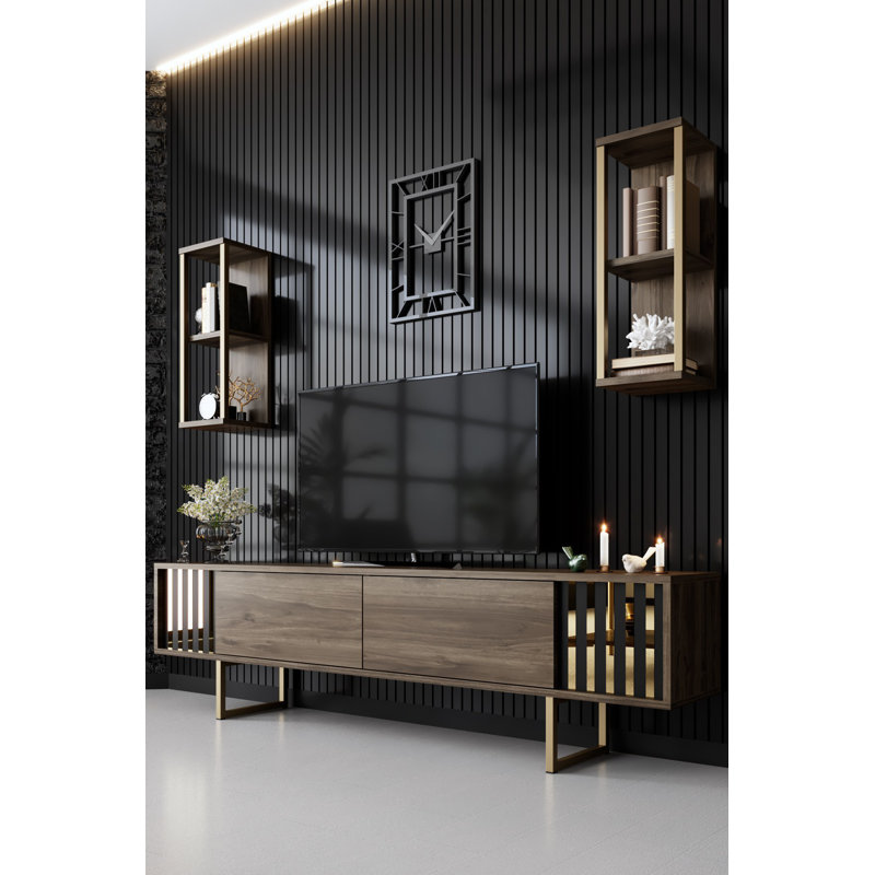 Ensemble de meubles de salon moderne, noyer et noir - meuble télé (70,9 x 11,8 x 18,9 po), 2 tablettes murales (8,7 x 8,3 x 23,6 po chacune), table basse (31,5 x 31,5 x 15,7 po) | 100% panneau de particules enduit de mélamine, pieds en métal, design élégant et durable