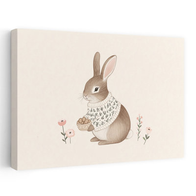 Cozy Easter Bunny Whimsical Contemporary Rabbit Spring Flower Wall Art Print