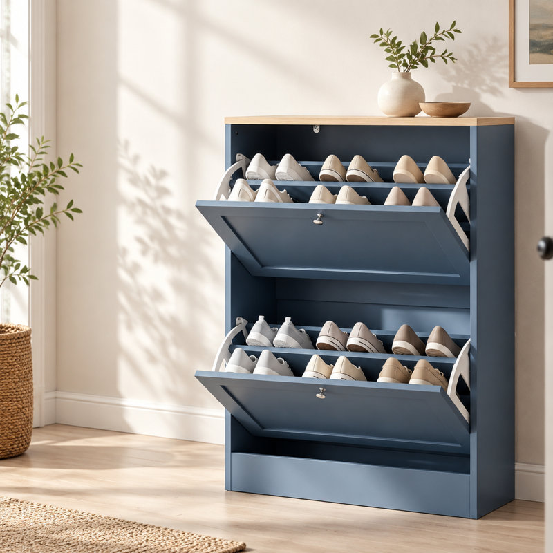 Armoire à chaussures moderne en chêne bleu et clair avec deux tiroirs rabattables pour le vestibule